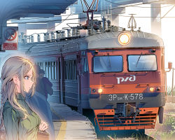 Rule 34 | 1girl, bag, blonde hair, blue eyes, braid, breasts, closed mouth, commentary, daito, earrings, expressionless, french braid, grass, green sweater, hair ornament, hairclip, jewelry, medium breasts, railroad tracks, ribbed sweater, russia, russian text, sign, sweater, train, train station, train station platform