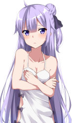 Rule 34 | 1girl, absurdres, ahoge, azur lane, bare arms, bare shoulders, black bow, black ribbon, blush, bow, breasts, cleavage, collarbone, commentary request, dress, hair between eyes, hair bun, hair ribbon, halterneck, highres, kohakope, long hair, one side up, parted lips, purple eyes, purple hair, ribbon, simple background, single hair bun, small breasts, solo, unicorn (azur lane), upper body, very long hair, white background, white dress