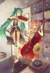 Rule 34 | 2girls, blonde hair, choker, double bass, dress, closed eyes, gloves, green eyes, green hair, hatsune miku, highres, instrument, jewelry, lascalis, long hair, multiple girls, music, mylene, necklace, phonograph, pink hair, playing instrument, record, short hair, single glove, sitting, twintails, very long hair, violin, vocaloid, window