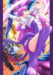 Rule 34 | 1boy, 1girl, animal ears, arm up, blue hair, blunt bangs, boots, cat ears, cat tail, cure macaron, dress, elbow gloves, feathers, gloves, grimace, half-closed eyes, high heel boots, high heels, highres, holding, holding wand, itou shin&#039;ichi, julio (precure), jumping, kirakira precure a la mode, knee up, long hair, looking at another, looking at viewer, magical girl, mask, motion blur, pillarboxed, precure, purple dress, purple eyes, purple footwear, purple hair, purple shorts, rooftop, short dress, short sleeves, shorts, shorts under dress, standing, tail, two-tone dress, wand, white dress, white gloves