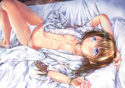 Rule 34 | 1girl, aqua eyes, artist name, artist request, bare legs, barefoot, blue eyes, blush, breasts, brown hair, cleavage, collarbone, feet, feet out of frame, female focus, hair between eyes, highres, indoors, knees together feet apart, knees up, long hair, looking at viewer, looking up, love live!, love live! nijigasaki high school idol club, naked shirt, on bed, open clothes, osaka shizuku, panties, parted lips, pillow, ponytail, robe, shirt, short sleeves, small breasts, smile, solo, thighhighs, underwear, white panties, white robe, white shirt