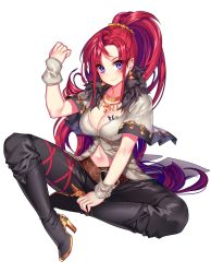 Rule 34 | 1girl, belt, blush, boots, breasts, cleavage, earrings, full body, gendo0032, high heel boots, high heels, jewelry, long hair, looking at viewer, medium breasts, navel, necklace, original, ponytail, purple eyes, red hair, sitting, smile, solo, tattoo, transparent background, very long hair, wrist cuffs