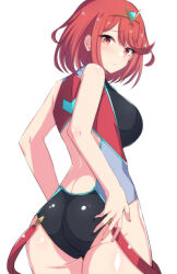 Rule 34 | 1girl, absurdres, ass, backless swimsuit, bare arms, blush, breasts, closed mouth, from behind, highres, large breasts, latte, looking at viewer, official alternate costume, one-piece swimsuit, pyra (pro swimmer) (xenoblade), pyra (xenoblade), short hair, simple background, solo, swept bangs, swimsuit, two-tone swimsuit, upper body, white background, xenoblade chronicles (series), xenoblade chronicles 2