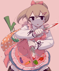 Rule 34 | 1girl, absurdres, apron, avogado6, bag, bell pepper, black eyes, black thighhighs, blood, blood on clothes, blood on face, bloody knife, bow, brown hair, carrot, commentary, cowboy shot, dagger, dual wielding, eggplant, frilled apron, frills, grocery bag, hair bow, highres, holding, holding knife, kawaii girl (avogado6), kitchen knife, knife, long sleeves, looking at viewer, original, pepper, pink apron, pink background, pink bow, pink theme, pocket, ponytail, shirt, shopping bag, short ponytail, simple background, solo, spring onion, thighhighs, tomato, vegetable print, weapon, white shirt