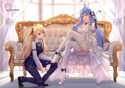 Rule 34 | 2girls, ahoge, artist name, azur lane, backlighting, black footwear, black ribbon, blonde hair, blue hair, blue pants, blue vest, blush, breasts, bride, chinese commentary, cleveland (azur lane), cleveland (gentry knight) (azur lane), collared shirt, commentary request, couch, detached sleeves, dress, embarrassed, female focus, flower, gradient hair, hair flower, hair ornament, hair ribbon, helena (azur lane), high heels, highres, indoors, jewelry, large breasts, leg up, long hair, looking at another, multicolored hair, multiple girls, necklace, on one knee, one side up, open mouth, pants, pearl necklace, purple eyes, putting on shoes, red eyes, ribbon, shirt, sidelocks, sitting, small breasts, thighhighs, very long hair, vest, wavy mouth, wedding dress, white flower, white legwear, white shirt, window, you ni ge shaobing, yuri