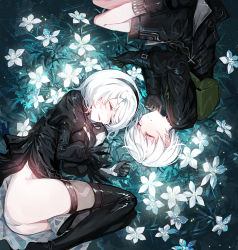 Rule 34 | 1boy, 1girl, bag, black footwear, black gloves, black hairband, black shorts, cleavage cutout, closed mouth, clothing cutout, curled up, closed eyes, feather-trimmed sleeves, feather trim, flower, gloves, glowing, glowing flower, green bag, hairband, lunar tear, lying, mura karuki, nier (series), nier:automata, on side, open mouth, puffy sleeves, short hair, shorts, white flower, white hair, 2b (nier:automata), 9s (nier:automata)