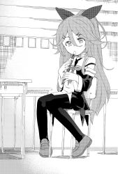 Rule 34 | 1girl, absurdres, bench, chair, desk, flute, greyscale, hair ribbon, highres, instrument, kantai collection, long hair, monochrome, pantyhose, playing flute, recorder, ribbon, saikidou suitchi, school, yamakaze (kancolle)