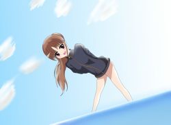 Rule 34 | 1girl, bare legs, female focus, gradient background, jacket, long sleeves, naked jacket, outdoors, saki (manga), sky, solo, takakamo shizuno, track jacket