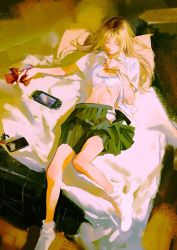 Rule 34 | 1girl, bed, black cat, black hair, blanket, blonde hair, blouse, bow, bowtie, unworn bowtie, bra, cat, cellphone, cellphone charm, charm (object), commentary, english commentary, feet out of frame, flat chest, game console, genderswap, genderswap (mtf), green skirt, haikyuu!!, hair between eyes, hair over one eye, hair strand, holding, holding bow (ornament), huangdanlan, indoors, kozume kenma, leg up, long hair, looking away, looking down, lying, midriff, miniskirt, no shoes, on back, on bed, open clothes, open shirt, open skirt, outstretched arm, panties, phone, pillow, pleated skirt, print bra, red bow, red bowtie, ribs, school uniform, shirt, shirt hold, short sleeves, skinny, skirt, socks, solo, underwear, white bra, white panties, white shirt