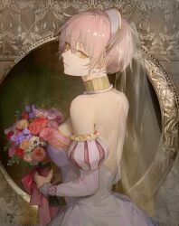 Rule 34 | 1girl, back, backless dress, backless outfit, border, bouquet, breasts, bridal veil, closed mouth, collar, detached sleeves, dress, earrings, flower, gold trim, hair between eyes, headpiece, highres, holding, holding bouquet, jeanne (vanitas no carte), jewelry, large breasts, looking to the side, metal collar, necklace, ornate border, pearl necklace, puffy detached sleeves, puffy sleeves, short hair, solo, upper body, vanitas no carte, veil, white dress, white hair, yellow eyes, yoruirooo777
