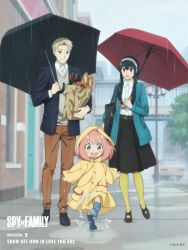 Rule 34 | 1boy, 2girls, anya (spy x family), black hair, blonde hair, blush, boots, child, closed mouth, coat, earrings, hair ornament, hairband, highres, holding, jewelry, long hair, long skirt, looking at viewer, multiple girls, official art, open mouth, pink hair, rain, raincoat, red eyes, rubber boots, shirt, short hair, sidelocks, skirt, smile, spy x family, twilight (spy x family), yellow raincoat, yor briar