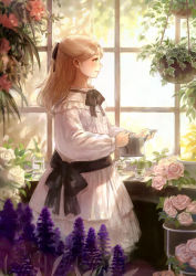 Rule 34 | 1girl, absurdres, black neckwear, black ribbon, blonde hair, bow, bowtie, closed mouth, dress, flower, hair ribbon, highres, long hair, long sleeves, original, pink flower, pink rose, plant, potted plant, profile, ribbon, romiy, rose, smile, standing, watering can, white dress, window