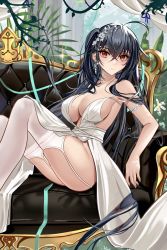 Rule 34 | 1girl, absurdres, azur lane, bare shoulders, black hair, blush, breasts, cleavage, closed mouth, collarbone, couch, dress, earrings, feet out of frame, flower, garter straps, hair flower, hair ornament, highres, jewelry, large breasts, long hair, looking at viewer, official alternate costume, red eyes, sabou san-shitsu kokoro, sitting, solo, taihou (azur lane), taihou (temptation on the sea breeze) (azur lane), thighhighs, thighs, white dress, white thighhighs