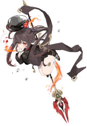 Rule 34 | 1girl, black footwear, blush, brown hair, brown hat, brown shorts, closed mouth, coattails, fingers to mouth, fire, flower, flower-shaped pupils, full body, genshin impact, ghost, hat, highres, hu tao (genshin impact), jewelry, long hair, long sleeves, looking at viewer, multiple rings, nail polish, plum blossoms, polearm, red eyes, red nails, ring, shorts, simple background, socks, solo, spear, symbol-shaped pupils, tailcoat, weapon, white background, white socks, yonchan