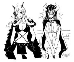 Rule 34 | 2girls, beast pirates uniform, breasts, cape, drawfag, dress, gloves, hair ornament, highres, horns, large breasts, long hair, mask, monochrome, multiple girls, nami (one piece), one piece, short dress, ulti (one piece)