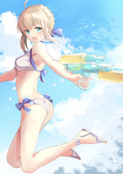 Rule 34 | 1girl, ahoge, artoria pendragon (fate), artoria pendragon (swimsuit archer) (fate), artoria pendragon (swimsuit archer) (first ascension) (fate), ass, bikini, blonde hair, blue bow, blush, bow, braid, breasts, commentary request, day, fate/grand order, fate (series), from side, green eyes, hair between eyes, hair bow, highres, holding, looking at viewer, medium breasts, out of frame, rarabyii, sky, smile, solo, swimsuit, water gun, white bikini