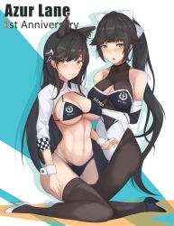 Rule 34 | 2girls, animal ears, anniversary, atago (azur lane), atago (stunning speedster) (azur lane), azur lane, bikini, black hair, black legwear, bow, breasts, brown eyes, brown legwear, character name, chinese commentary, commentary request, elbow gloves, extra ears, feet out of frame, full body, gloves, hair bow, high heels, highleg, highleg bikini, highleg swimsuit, highres, kneeling, large breasts, leotard, logo, looking at viewer, mole, mole under eye, multicolored background, multicolored leotard, multiple girls, pantyhose, ponytail, race queen, shrug (clothing), sitting, swimsuit, takao (azur lane), takao (full throttle charmer) (azur lane), thighhighs, two-tone bikini, wariza, white bow, white footwear, wolf ears, wrist cuffs, yusha m