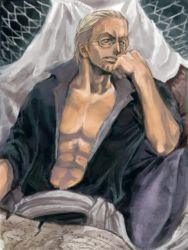 Rule 34 | 1boy, arisue kanako, blonde hair, facial hair, glasses, hammock, hand on own face, male focus, map, muscular, one piece, open clothes, open mouth, open shirt, reading, sash, serious, shirt, silvers rayleigh, solo