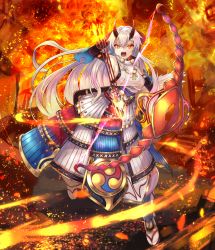 Rule 34 | 1girl, :o, angry, armor, arrow (projectile), bow, bow (weapon), breasts, detached sleeves, fate/grand order, fate (series), fire, hair bow, highres, horns, japanese armor, kote, kusazuri, large breasts, long hair, looking at viewer, mitsudomoe (shape), ohako (ohako1818), oni horns, red bow, red eyes, sandals, sideboob, silver hair, slit pupils, solo, tabi, tomoe (symbol), tomoe gozen (fate), very long hair, weapon