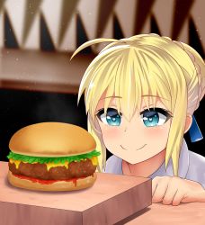 Rule 34 | 1girl, ahoge, artoria pendragon (all), artoria pendragon (fate), blue eyes, blush, braid, burger, cheese, fate/stay night, fate (series), food, food focus, french braid, hair between eyes, heart, heart-shaped pupils, highres, ketchup, lettuce, meme, saber (fate), smile, solo, split mouth, symbol-shaped pupils, the only shoe