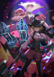 Rule 34 | 1girl, 1other, artist request, axe, belt, black thighhighs, breasts, brown hair, curly hair, falling petals, fancy, gatling gun, gun, hat, hat feather, highres, holding, holding weapon, machine gun, medium breasts, milady (persona), okumura haru, persona, petals, shorts, tagme, thighhighs, vest, weapon, yellow eyes