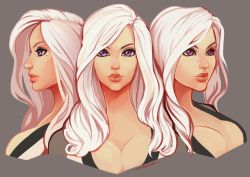 Rule 34 | 10s, 1girl, artist name, blade &amp; soul, breasts, cleavage, eyebrows, eyelashes, gon (blade &amp; soul), large breasts, lips, long hair, mole, mole under eye, momo-deary, multiple views, najia feng, profile, purple eyes, signature, white hair