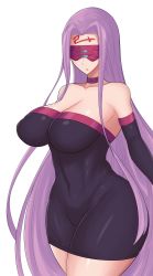 Rule 34 | abs, arm strap, bare shoulders, breasts, closed mouth, collar, collarbone, covered erect nipples, covered eyes, covered navel, dress, elbow gloves, fate/stay night, fate (series), gloves, highres, hip bones, large breasts, linea alba, long hair, medusa (fate), medusa (rider) (fate), puffy areolae, purple hair, skin tight, strapless, strapless dress, thighs, very long hair, wide hips, yukkurikokura