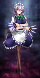 Rule 34 | &gt;:), 1girl, absurdres, apron, between fingers, black footwear, black pantyhose, blue dress, bow, bowtie, braid, breasts, closed mouth, dagger, dress, full body, green bow, green bowtie, hair bow, highres, holding, holding knife, izayoi sakuya, knife, knives between fingers, large breasts, looking at viewer, maid, maid headdress, pantyhose, puffy short sleeves, puffy sleeves, red eyes, shoes, short sleeves, silver hair, smile, solo, standing, touhou, tsurime, twin braids, v-shaped eyebrows, waist apron, weapon, wrist cuffs, zellam