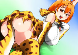 Rule 34 | 10s, 1girl, animal ears, ass, blonde hair, blush, bow, bowtie, breasts, elbow gloves, gloves, high-waist skirt, isna (footprintsofisna), kemono friends, large breasts, looking at viewer, looking back, open mouth, orange eyes, red shirt, serval (kemono friends), serval print, serval tail, shirt, skirt, sleeveless, sleeveless shirt, smile, solo, striped tail, tail, tail censor