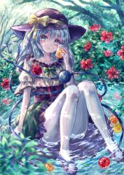 Rule 34 | 1girl, apple, bad id, bad twitter id, bow, collar, collarbone, corset, cup, drink, drinking glass, flower, food, frilled collar, frills, fruit, green eyes, green hair, green skirt, hat, hat ribbon, heart, heart of string, hibiscus, highres, juice, komeiji koishi, light rays, long hair, mary janes, orange (fruit), outdoors, ribbon, rose, shoes, silver hair, sitting on water, skirt, smile, solo, sunbeam, sunlight, suzushina, third eye, touhou, tree, water