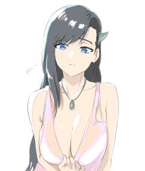 Rule 34 | 1girl, black hair, blue eyes, breasts, burn the witch, cleavage, dress, dress tug, eyebrows, eyelashes, hair behind ear, hair ornament, highres, jewelry, large breasts, long hair, looking at viewer, mitsugu, necklace, niihashi noel, simple background, solo, swept bangs, white background