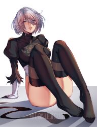 Rule 34 | 1girl, 2b (nier:automata), absurdres, arm support, artist name, black dress, black gloves, black thighhighs, blue eyes, breasts, cleavage cutout, clothing cutout, commentary, dress, feather-trimmed sleeves, gloves, hair between eyes, highres, juliet sleeves, knees up, large breasts, leofoxart, leotard, lips, long sleeves, looking at viewer, mole, mole under mouth, nier:automata, nier (series), no blindfold, parted lips, puffy sleeves, short hair, simple background, smile, solo, thighhighs, two-sided dress, two-sided fabric, white hair, white leotard
