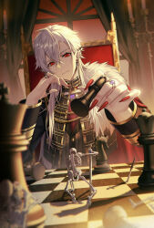 Rule 34 | 1boy, absurdres, ascot, black jacket, black shirt, blurry, blurry foreground, cape, chessboard, commentary, cropped legs, curtains, from behind, frown, fur-trimmed cape, fur trim, gold trim, highres, holding, holding chess piece, holding sword, holding weapon, indoors, jacket, jewelry, kawausoman, kuzuha (nijisanji), looking at viewer, male focus, medium hair, multiple girls, multiple rings, nail polish, nijisanji, red ascot, red cape, red eyes, red nails, ring, shirt, skeleton, solo, sword, throne, upper body, virtual youtuber, weapon, white hair, window
