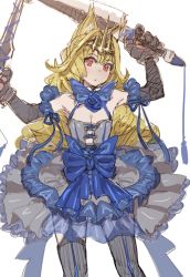 Rule 34 | 1girl, animal hands, bare shoulders, black gloves, black panties, blonde hair, blue bow, blue bowtie, blue dress, blue flower, blue rose, blush, bow, bow (bhp), bowtie, breasts, cleavage, closed mouth, corset, crown, dot mouth, dress, drill hair, dual wielding, elbow gloves, flower, garter straps, gloves, grey legwear, head tilt, holding, holding sword, holding weapon, long hair, looking at viewer, original, panties, paw gloves, red eyes, rose, simple background, small breasts, solo, standing, sword, underwear, weapon, white background
