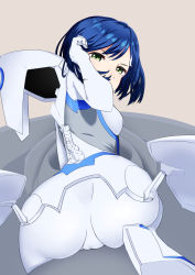 Rule 34 | 10s, 1girl, ass, blue hair, bodysuit, darling in the franxx, from behind, green eyes, hair ornament, tucking hair, hairclip, highres, ichigo (darling in the franxx), looking at viewer, looking back, lying, on stomach, pilot suit, short hair, solo, spine, straddling, suika bar-chan, white bodysuit
