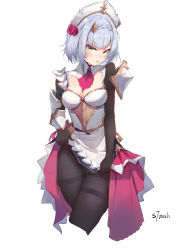 Rule 34 | 1girl, absurdres, armor, black pantyhose, blunt bangs, bodysuit, bodysuit under clothes, boobplate, braid, breastplate, breasts, cleavage, clothes lift, dress, dress lift, genshin impact, green eyes, half-closed eyes, highres, lifted by self, maid, medium breasts, noelle (genshin impact), pantyhose, short hair, silver hair, simple background, solo, white background