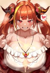 Rule 34 | 1girl, ahoge, bare shoulders, breasts, censored, cleavage, clenched teeth, collarbone, dragon girl, dragon horns, highres, hololive, horns, huge ahoge, huge breasts, jewelry, kiryu coco, large penis, long hair, looking at viewer, naughty face, necklace, nuezou, orange hair, paizuri, penis, pointy ears, red eyes, strap pull, teeth, twintails, upper body, virtual youtuber