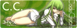 Rule 34 | 00s, absurdres, arm support, c.c., code geass, dress shirt, green hair, highres, long hair, long image, no panties, scan, shirt, solo, wide image, yellow eyes