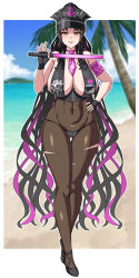 Rule 34 | 1girl, areola slip, bare shoulders, beach, bikini, black bikini, black gloves, black hair, black hat, black pantyhose, blush, breasts, cleavage, covered erect nipples, covered navel, facial mark, fate/grand order, fate (series), fingerless gloves, forehead mark, full body, gloves, halterneck, hat, high heels, highres, large breasts, long hair, looking at viewer, multicolored hair, muta poo, necktie, pantyhose, parted bangs, pink hair, police hat, ponytail, revision, sessyoin kiara, sessyoin kiara (swimsuit mooncancer), sessyoin kiara (swimsuit mooncancer) (second ascension), shore, smile, streaked hair, swimsuit, traffic baton, very long hair, yellow eyes