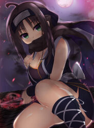 Rule 34 | 1girl, ahoge, back bow, black hair, black scarf, blue kimono, blue socks, blush, bow, breasts, cleavage, commentary request, convenient leg, covering own mouth, curvy, empty eyes, eyelashes, eyes visible through hair, feet out of frame, fighting stance, forehead protector, full moon, glowing, glowing weapon, gluteal fold, green eyes, hair between eyes, hand up, highres, hitachi mako, holding, holding weapon, japanese clothes, kimono, kunai, large breasts, leg ribbon, light particles, looking at viewer, medium breasts, moon, night, ninja, on roof, ribbon, sash, scarf, senren banka, serious, shiny skin, short hair with long locks, short kimono, shrimp 3, socks, solo, squatting, straight hair, thighs, weapon, white bow, white ribbon, white sash