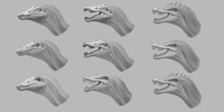 Rule 34 | animal, animal focus, art study, buccal flap, commentary, concept art, conical teeth, english commentary, from side, grey background, greyscale, highres, lukatrkanjec, monochrome, no humans, open mouth, original, paleoart, realistic, sharp teeth, simple background, solo, spinosaurus, teeth