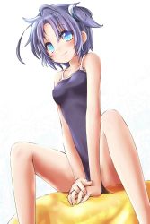 Rule 34 | 1girl, akino coto, bad id, bad pixiv id, bare shoulders, blue eyes, blue hair, blush, breasts, competition school swimsuit, covered erect nipples, highres, matching hair/eyes, one-piece swimsuit, original, purple hair, school swimsuit, short hair, simple background, sitting, smile, solo, swimsuit