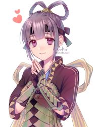 Rule 34 | 1girl, armor, breasts, closed mouth, fingerless gloves, gensou suikoden, gensou suikoden v, gloves, hair rings, headband, looking at viewer, miakis (suikoden), purple eyes, purple hair, sakai (motomei), short hair, simple background, smile, solo, white background