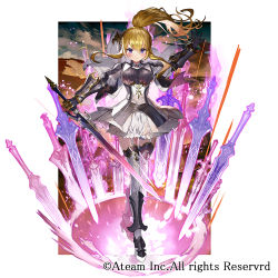 Rule 34 | 1girl, aura, blonde hair, breasts, closed mouth, dielle, dress, energy sword, female focus, floating hair, full body, gaou (umaiyo puyoman), garter straps, gauntlets, hair between eyes, holding, holding sword, holding weapon, large breasts, looking at viewer, official art, ponytail, purple eyes, short dress, smile, solo, standing, sword, thighhighs, valkyrie connect, watermark, weapon, white dress, zettai ryouiki