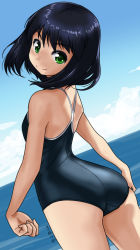 Rule 34 | 1girl, arms at sides, ass, black hair, blue one-piece swimsuit, blue school swimsuit, blue sky, breasts, clenched hands, cloud, competition school swimsuit, competition swimsuit, cowboy shot, day, dot nose, female focus, from behind, green eyes, looking at viewer, looking back, ocean, one-piece swimsuit, original, outdoors, rohitsuka, school swimsuit, short hair, signature, sky, small breasts, smile, solo, standing, swimsuit, water
