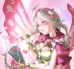 Rule 34 | 1girl, ahoge, aroused, blue eyes, blush, book, braid, breasts, butterfly wings, capelet, cleavage, commission, commissioner upload, cross-laced clothes, cross-laced dress, fairy wings, fire emblem, fire emblem fates, fire emblem heroes, flower bracelet, fujoshi, gradient clothes, green bracelet, grey hair, hair vines, heart, highres, holding, holding book, insect wings, leaf bracelet, long hair, low twin braids, medium breasts, nina (fire emblem), nina (resplendent) (fire emblem), nintendo, non-web source, official alternate costume, open mouth, parted bangs, pink capelet, pink hair, saliva, skeb commission, solo, toriyoshi (mmxn3582), twin braids, upper body, vine bracelet, vine harness, white hair, wings