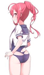 Rule 34 | 1girl, ass, blue one-piece swimsuit, blush, butt crack, closed mouth, cowboy shot, from behind, highres, i-168 (kancolle), kantai collection, konnyaku (kk-monmon), long hair, looking at viewer, looking back, one-piece swimsuit, ponytail, red eyes, red hair, school swimsuit, school uniform, serafuku, short sleeves, sidelocks, simple background, solo, swimsuit, swimsuit under clothes, tears, thighs, torn clothes, torn swimsuit, white background