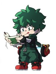 Rule 34 | 1boy, boku no hero academia, chibi, closed mouth, commentary request, freckles, full body, green eyes, green hair, highres, holding, holding scroll, licking lips, male focus, midoriya izuku, ninjala, open clothes, red footwear, rikawakui, scroll, shoes, short hair, simple background, sitting, solo, tongue, tongue out, white background, zipper, zipper pull tab