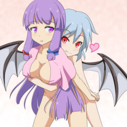 Rule 34 | 2girls, aqua hair, bat wings, blush, bottomless, breasts, capelet, cato (monocatienus), cleavage, convenient censoring, fang, fang out, hair censor, holding hands, heart, hug, hug from behind, large breasts, long hair, looking at viewer, multiple girls, naked cape, nude, open clothes, open mouth, open shirt, patchouli knowledge, purple eyes, purple hair, red eyes, remilia scarlet, shirt, touhou, very long hair, wings, yuri