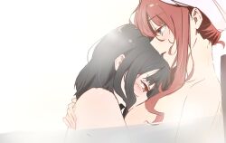 Rule 34 | 2girls, bath, bathing, black hair, blue eyes, blush, breasts, commentary request, hand on another&#039;s back, highres, hug, ilia coral, kissing breast, lainie cyan, large breasts, long hair, multiple girls, nude, partially submerged, red eyes, red hair, simple background, tensei oujo to tensai reijou no mahou kakumei, upper body, user ctzu3228, user ctzu3228, white background, yuri